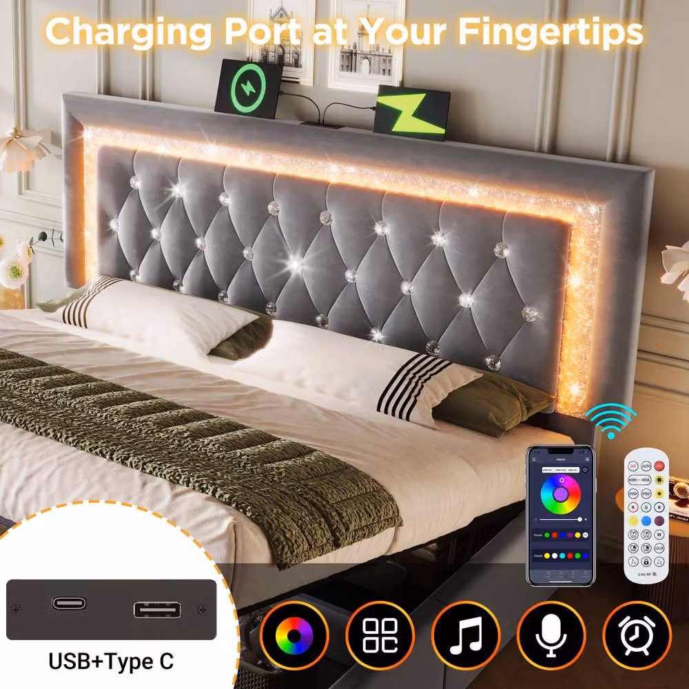 Matteo Grey King Size Velvet Upholstered Bed with LED Lighting and USB Charging Ports, W/D/H: 150 x 200 cm – 6
