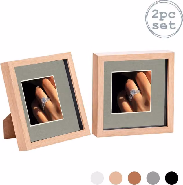 Nicola Spring Pack of 2 3D Box Photo Frames in Light Wood and Grey with 4 x 4 inch Mounts