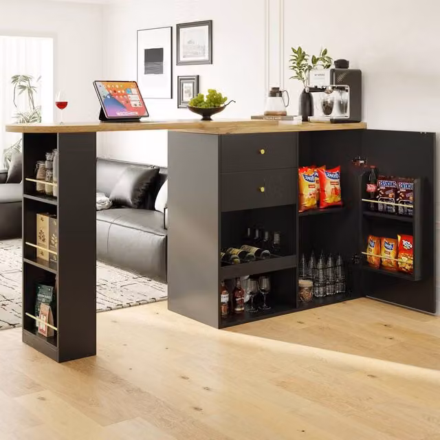 Rolipo 360 Swivelling Bar Table with 2 Drawers and Sliding Door Cabinet in Black and Gold