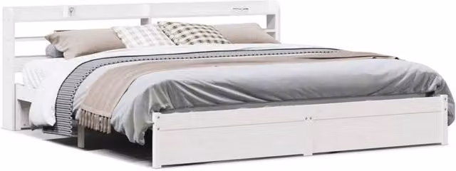 Berkfield Home Rustic White Solid Pine Bed Frame with Headboard and Side Compartments W/D/H: 200 x 200 cm