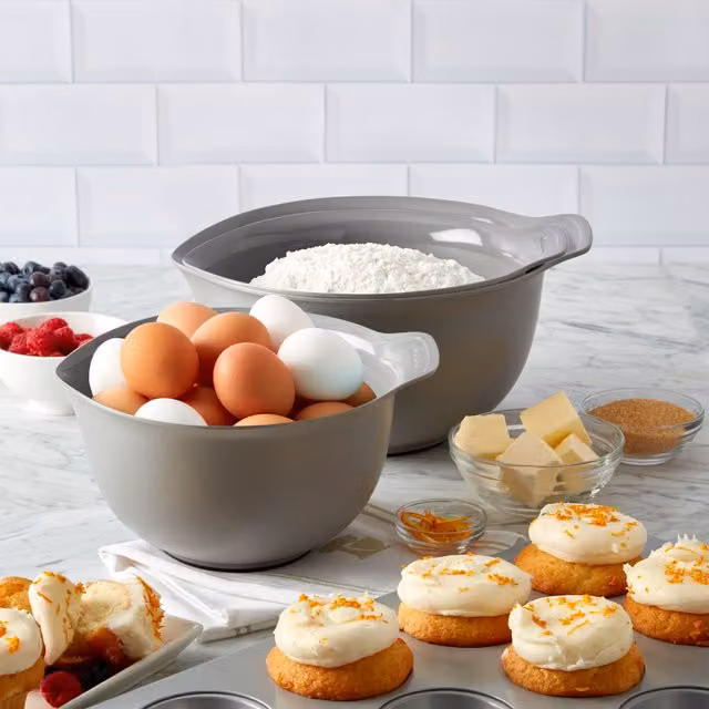 KitchenAid 3 Bowls Meal Prep Set in Grey with Pouring Spout and Non-Slip Base