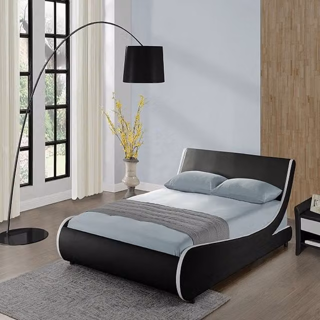 GRS Modern Upholstered Leather Bed Frame with White Stripes in Black, W/D/H: 180 x 200 cm