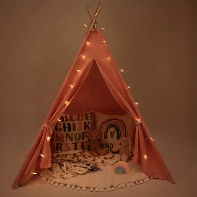 Relsy Pink Kids Teepee Tent with Rug and Lights, Cotton and Wood
