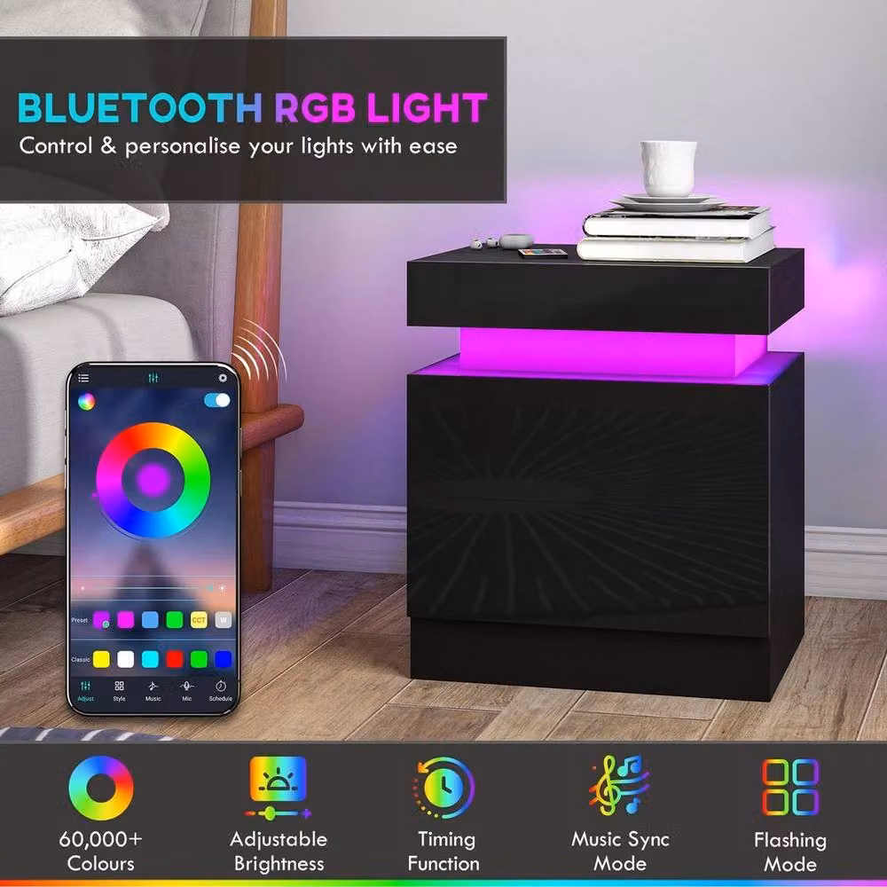 SPETLEK Set of 2 High Gloss Modern Bedside Tables with Integrated LED Lighting in Black – 5