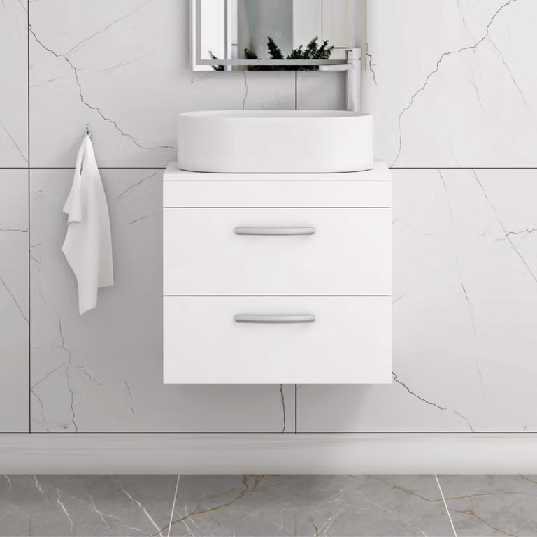 Royal Bathrooms Turin 600mm Wall Hung Vanity Unit with 2 Drawers and Countertop Basin in Gloss White