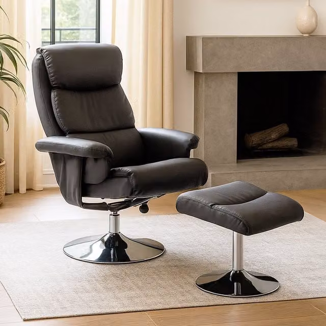 Orsina Grey Leather Effect Reclining Chair and Matching Footstool – 1