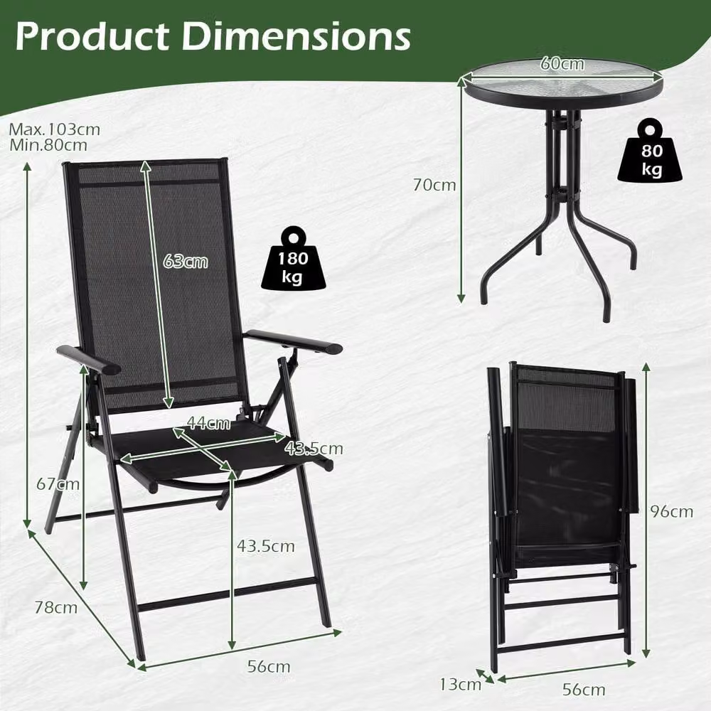 Costway 3-Piece Outdoor Bistro Set with Round Glass Coffee Table and Folding Chairs in Black – 2