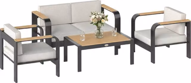 Outsunny 4 Seater Modern Aluminium Garden Furniture Set with Upholstered White Olefin Cushions