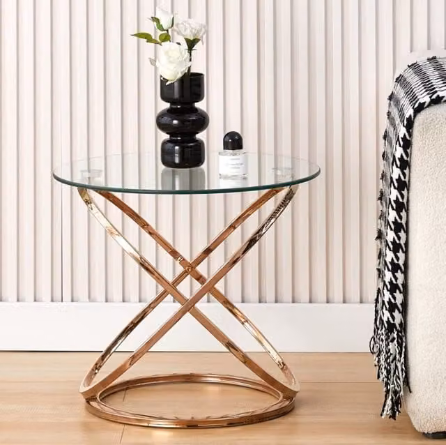 Comfy Living Ltd Round Abstract Tempered Glass Side Table with Gold Chrome Effect Frame – 1