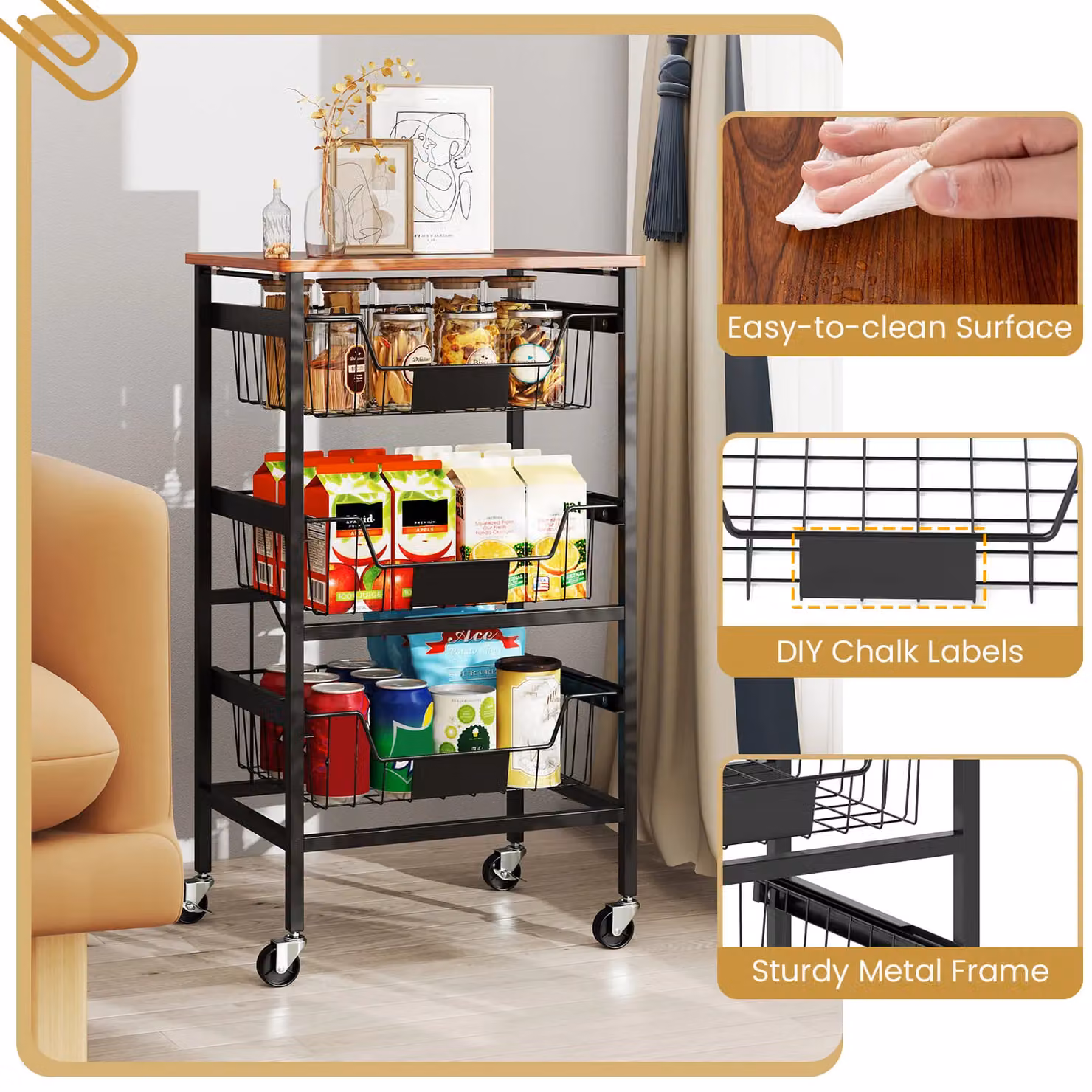 Costway 4-Tier Mobile Kitchen Storage Utility Cart with Wooden Top in Black – 4