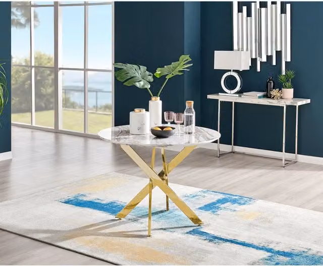 FurnitureboxUK Novara Round White Marble Effect Dining Table with Gold Metal X-Frame Legs, Diameter: 100 cm
