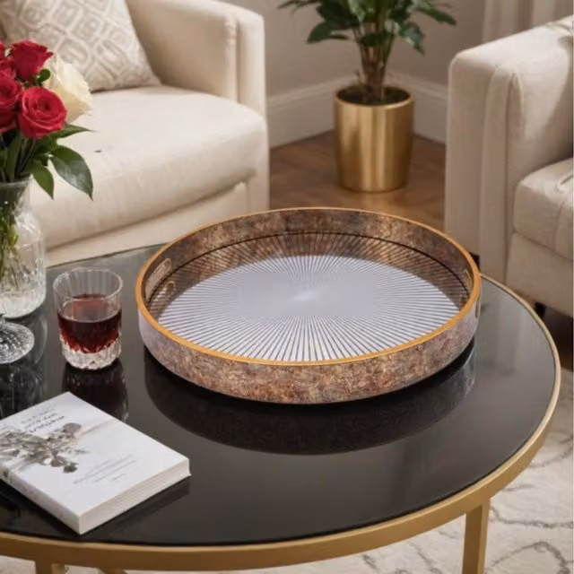 Maison Des Cadeaux Round Sunburst Decorative Metal Tabletop Tray in Bronze and Gold