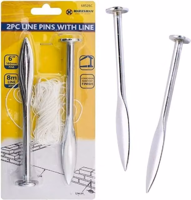 BARGAINS-GALORE Set of 2 Metallic Silver Line Pins with 8m Line Builder Brick Laying Pins DIY Tool