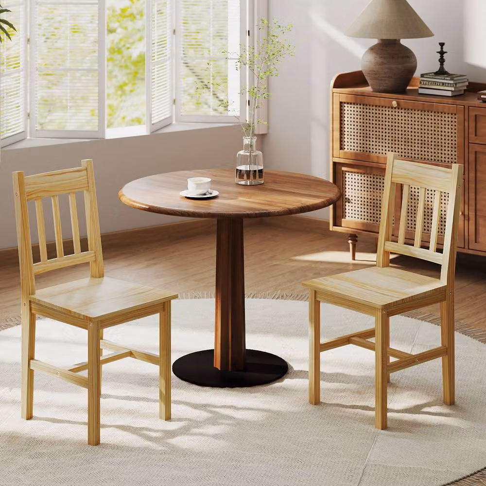 HOMCOM Set of 2 Rustic Pine Wood Dining Chairs in Natural Brown – 2