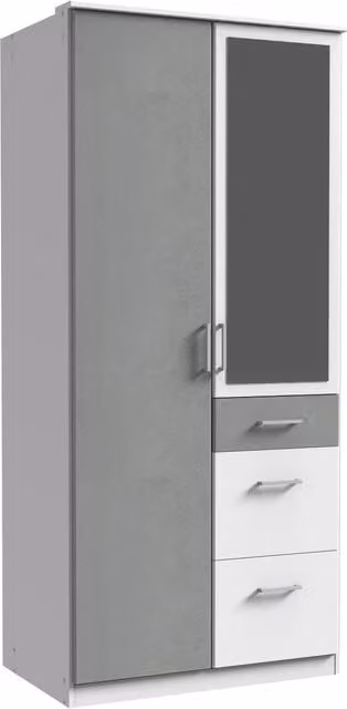 Click Modern 2 Door Wardrobe in White and Grey with Integrated Drawers and Mirror
