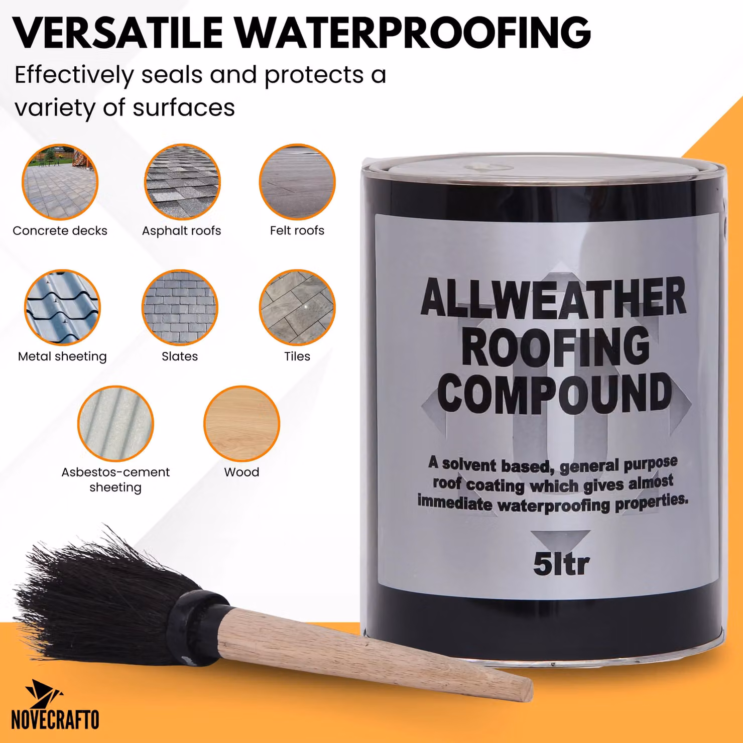 Novecrafto Flat Roof Waterproofing Compound in Black, 5L with Application Brush – 5