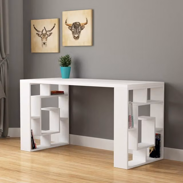 Decortie Labirent Modern Computer Desk with Bookshelf Legs in White