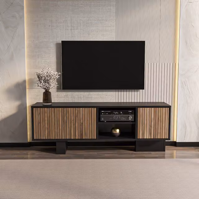 Decorotika Monaco Modern TV Unit in Black and Alina Pattern, W: 150 cm, H: 54 cm, D: 35 cm