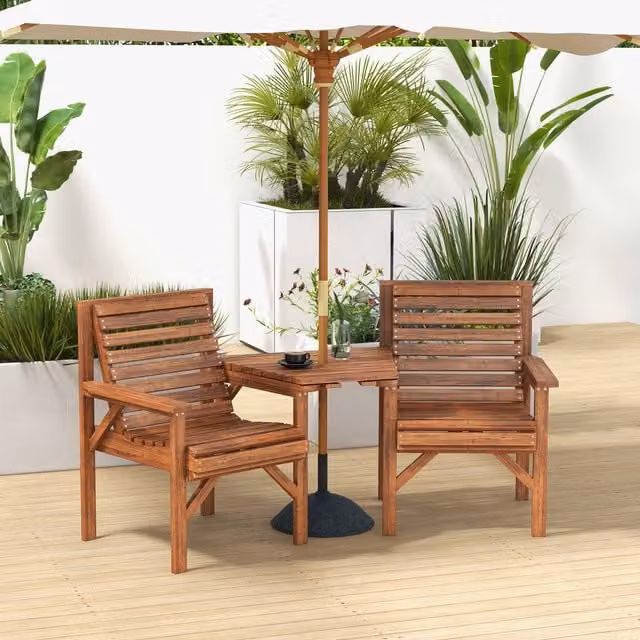 Outsunny Wooden 2 Seater Garden Love Seat with Companion Seat and Umbrella Hole in Tan Brown