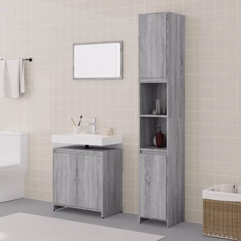 Berkfield Home 3 Piece Modern Grey Bathroom Furniture Set with Mirror Cabinet and Vanity Unit