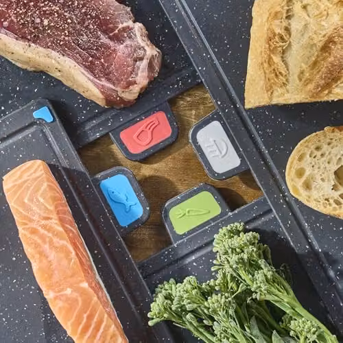 Cooks Professional Index 4 Piece Non-Slip Chopping Board Set with Stand in Dark Grey and Black – 4