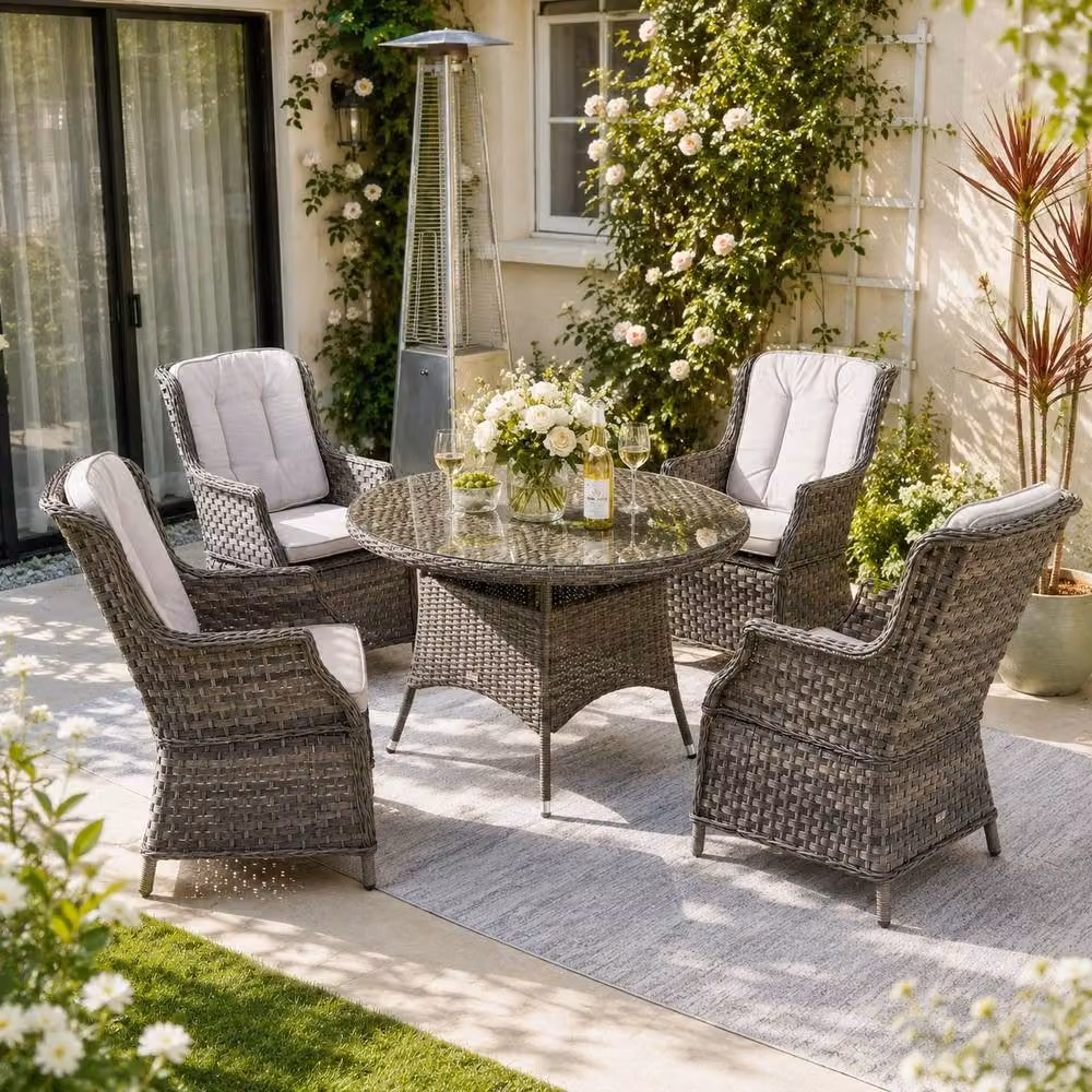 Direct Wicker 5-Piece Outdoor Rattan Dining Set with Grey Aluminum Round Table for 4 Adults – 7