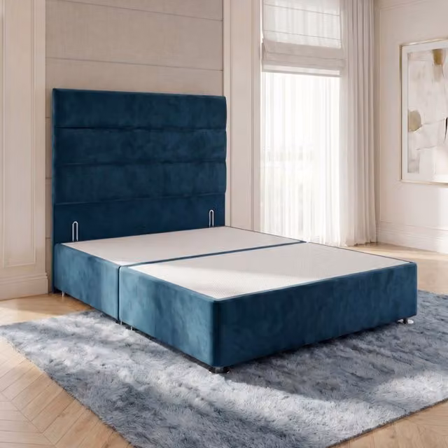 Horizona Navy Blue Velvet Single Divan Bed Base with Drawers and Floor Standing Headboard, W/D/H: 90 x 190 x 34.5 cm