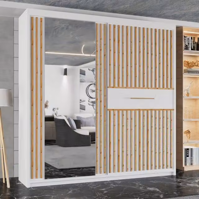 MN Furniture Modern Sliding Wardrobe with Oak Strips and Integrated LED Lighting in White and Black, W/H: 150 x 217 cm