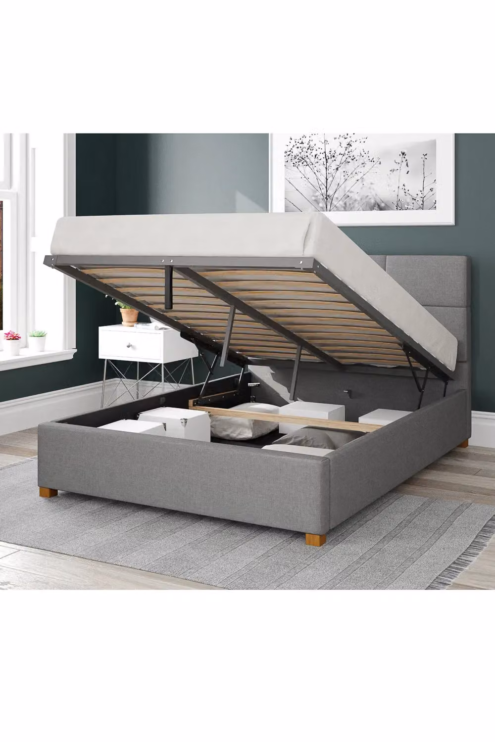 Aspire Caine Upholstered Ottoman Storage Bed in Grey Eire Linen Fabric, W/D/H: 180 x 200 cm – 1