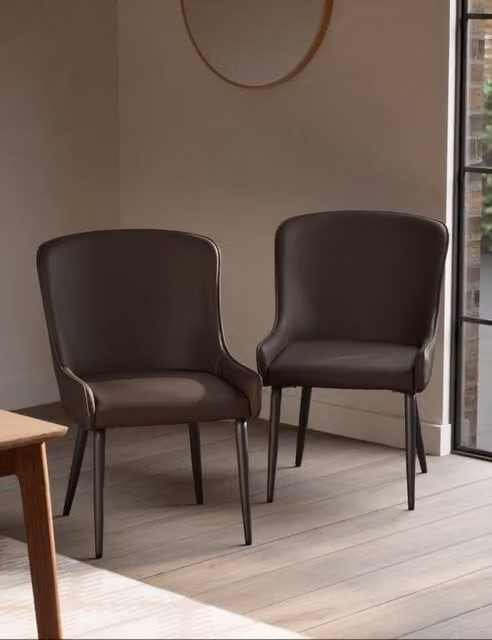 M&S Set of 2 Braxton Modern Dining Chairs in Brown with Synthetic Leather and Metal Legs