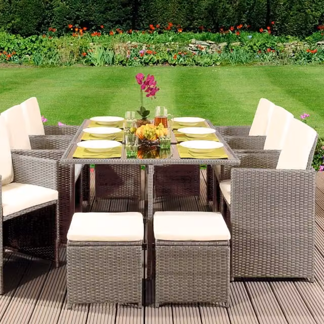 Comfy Living 11 Piece Modern Grey Polyrattan Garden Furniture Set with Glass Table and Weather Resistant Cushions