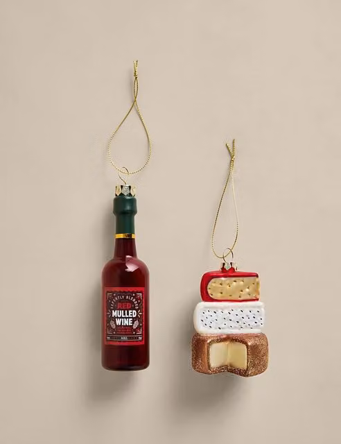 M&S 2 Pack Multicolour Glass Cheese and Wine Christmas Hanging Decorations