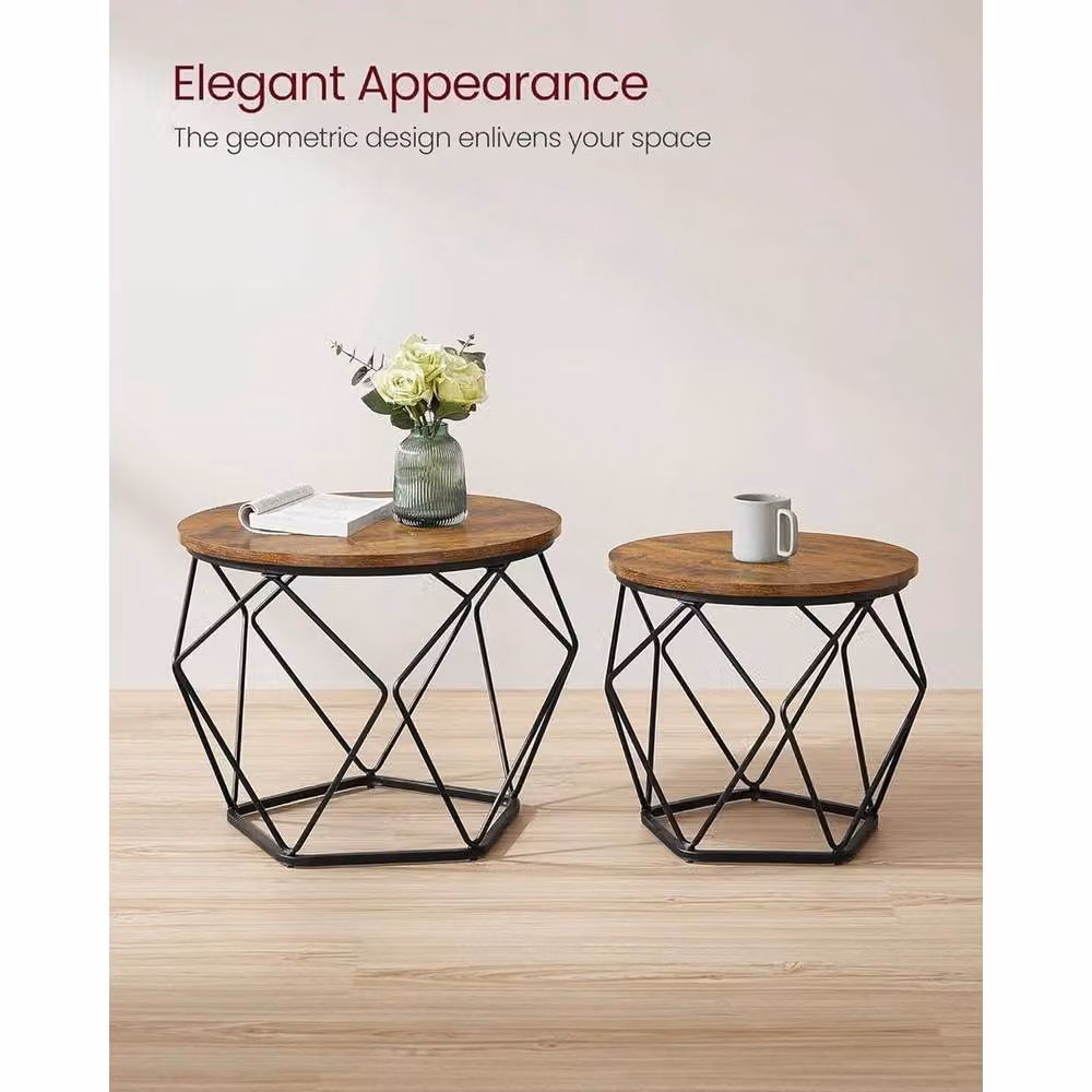 FORGEVIO Set of 2 Round Coffee Side Tables with Brown Wood Tops and Robust Metal X-Frame in Multicolour – 2