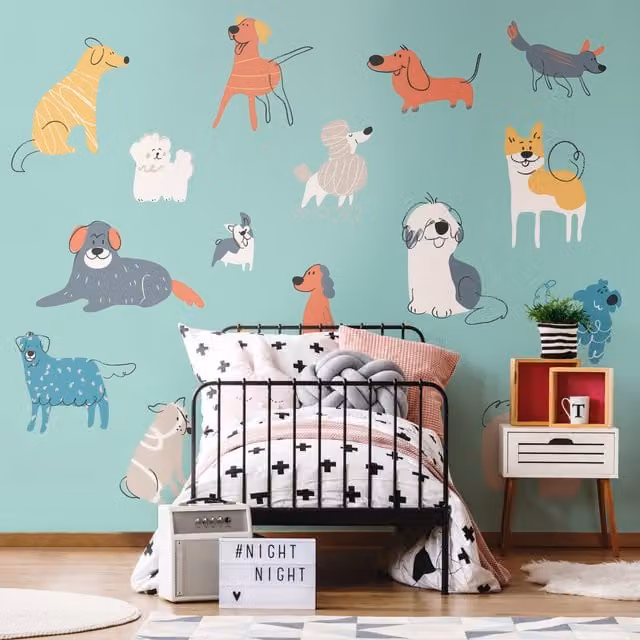Origin Murals Happy Dogs Wall Mural in Petrol and Multicolour