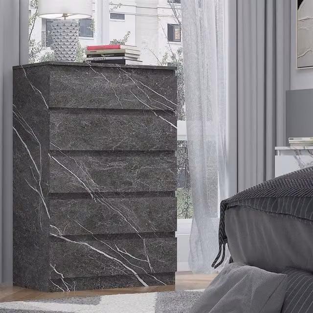 ZITA 5 Drawer Handleless Chest of Drawers in Grey Marble Effect, W/D/H: 107 x 40 x 70 cm
