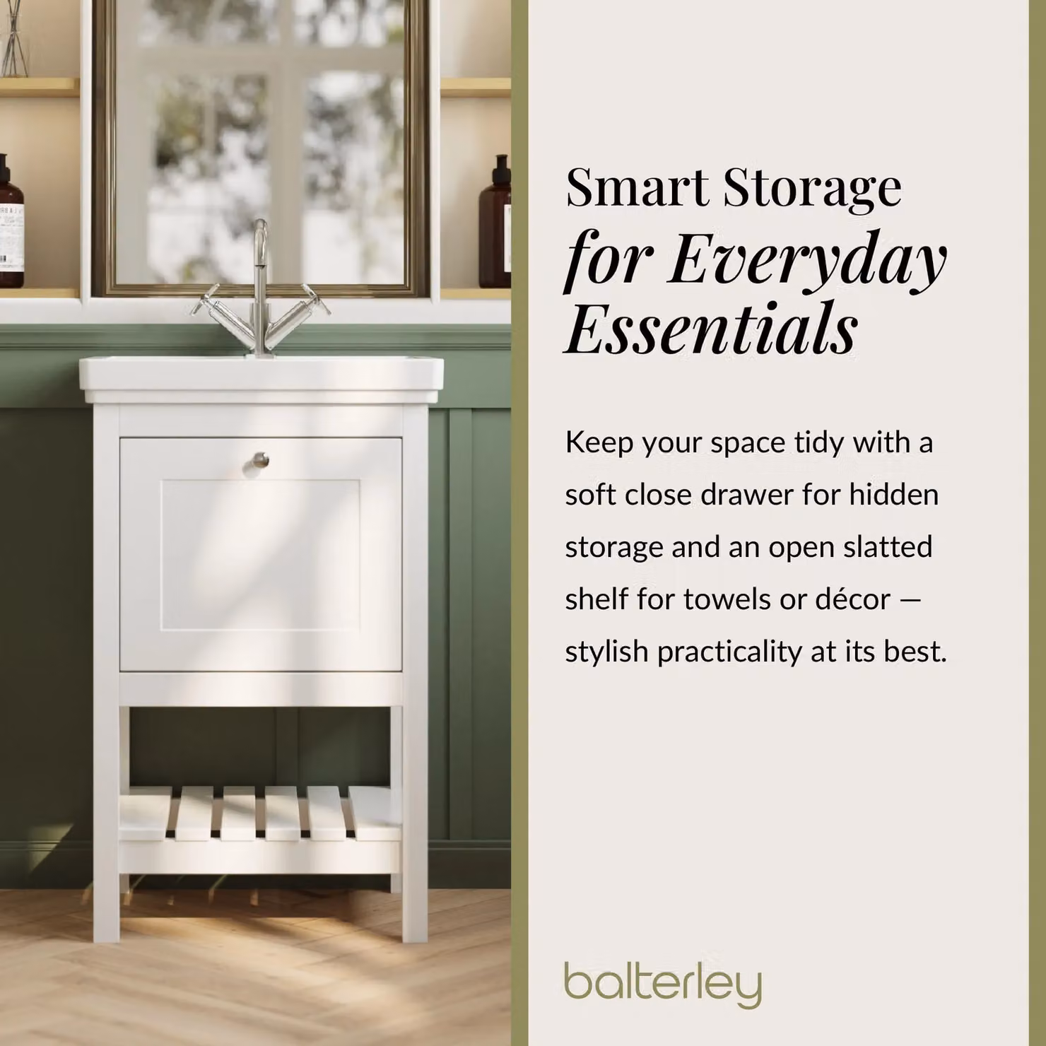Balterley Freestanding Bathroom Floor Vanity Unit with 1 Drawer and 1 Tap Hole Basin, Pure White, W: 53.1 cm – 4