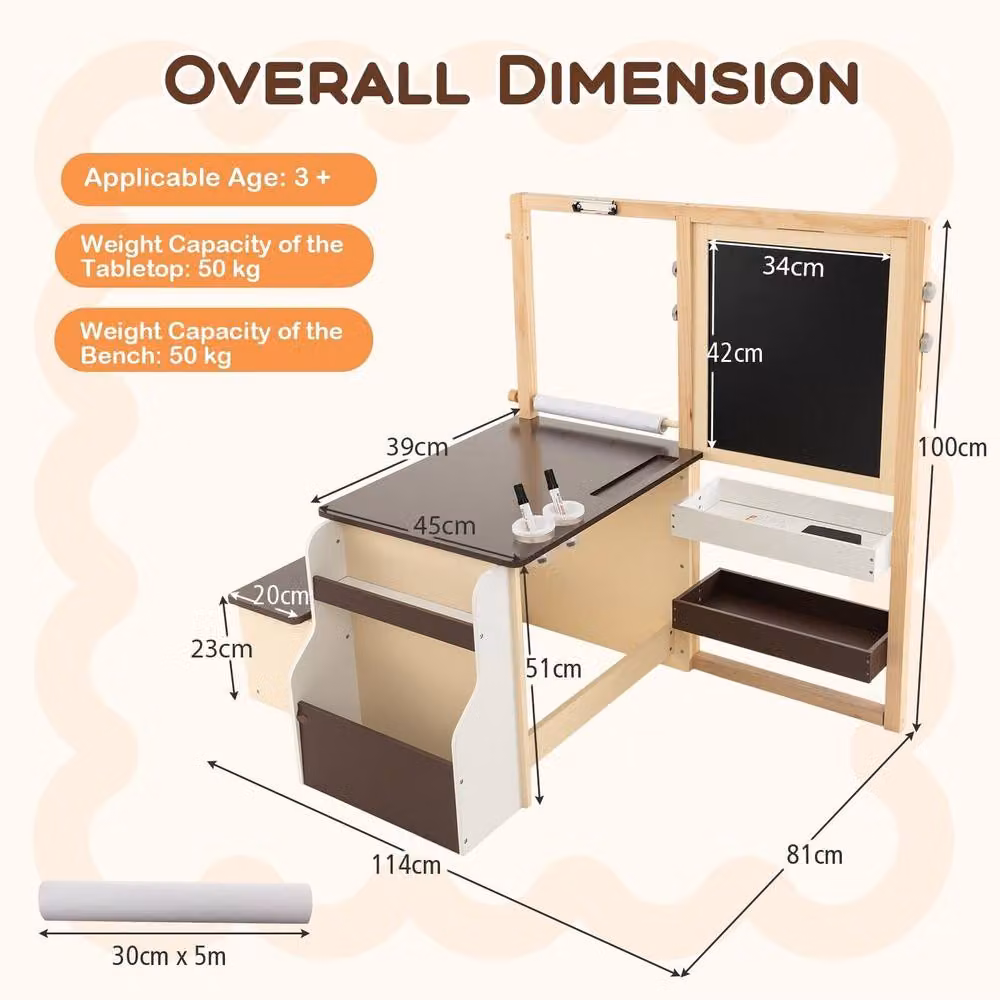 Costway Kids Wooden Art Easel, Table and Bench Set with Blackboard in Brown – 2