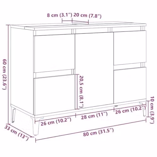 vidaXL Industrial Bathroom Sink Cabinet in Grey with Doors and Drawers, W: 80 cm, D: 33 cm, H: 60 cm – 3