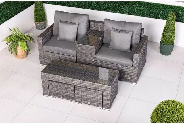 Giardino Havana Modular Rattan Garden Furniture Set in Grey with 2 Stools, Outdoor 2 Seater Sofa, Coffee Table and Ottoman