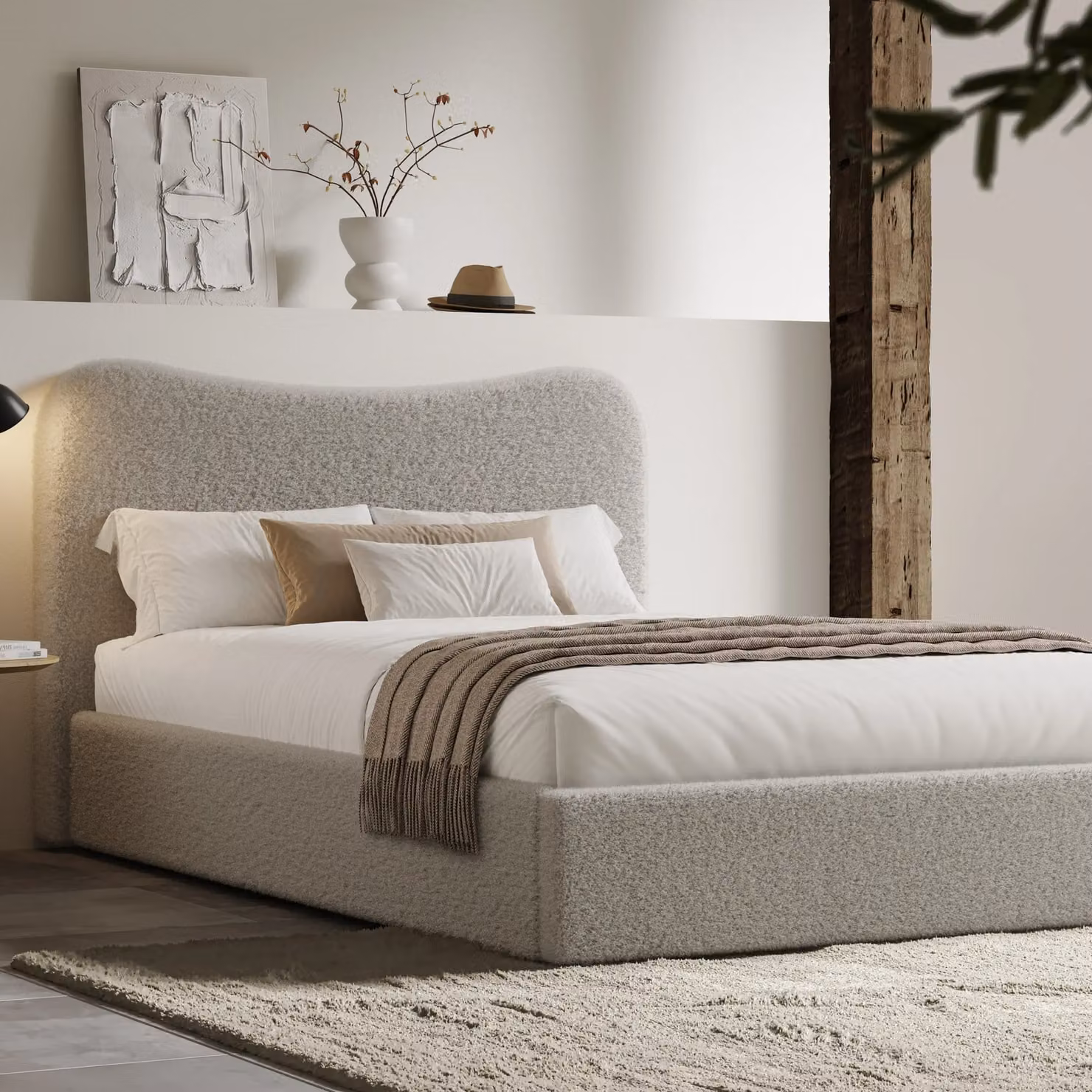 DHS Grey Boucle Curved Headboard Ottoman Storage Bed Frame, Double (140 x 200 cm)