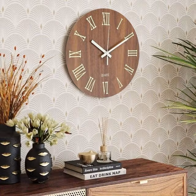 Kelvenix Round Wooden Wall Clock in Brown, Silent Analog Design, Diameter: 30.48 cm