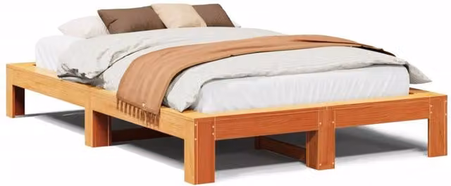 Berkfield Home Double Solid Wood Pine Bed Frame in Wax Brown, W/D/H: 135 x 190 x 31.5 cm