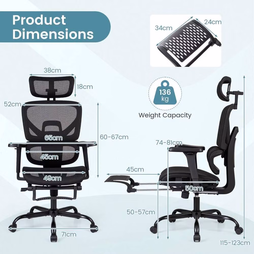 Kelvenix Comfy Executive Computer Chair in Black with Footrest and Headrest – 2
