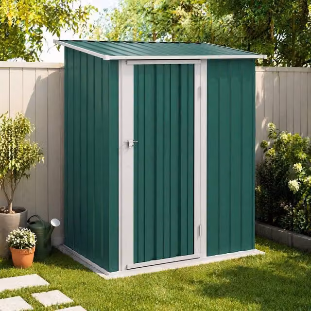 STILVORA Green Galvanised Steel Pent Garden Storage Shed with Single Hinged Door, W/D/H: 142 x 84 x 189 cm – 1