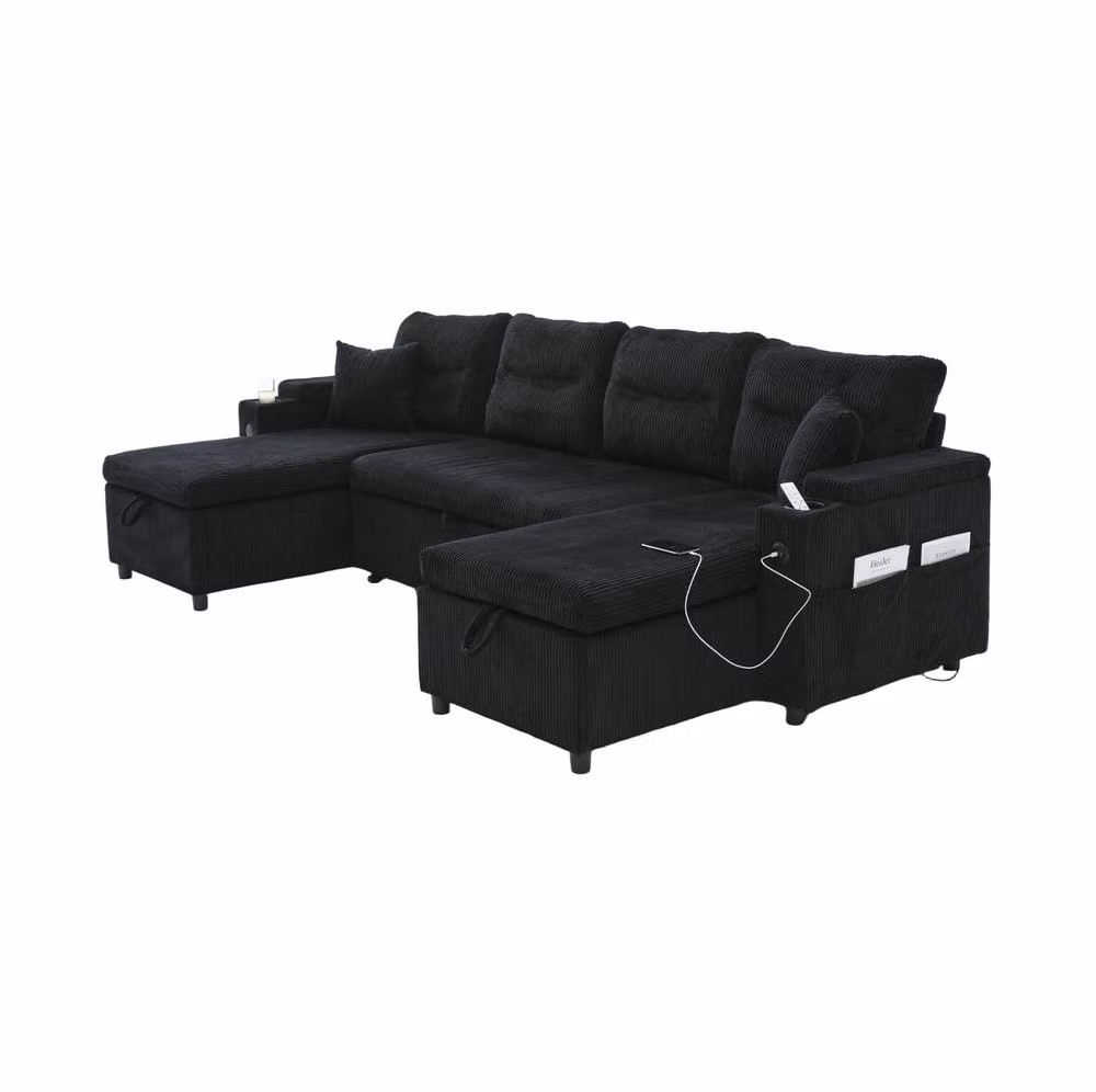STILVORA 4-Seater Corduroy L-Shape Sofa in Black with Dual Chaise, Storage, USB Charging and Cup Holders, W: 272 cm, D: 136 cm, H: 86 cm – 4