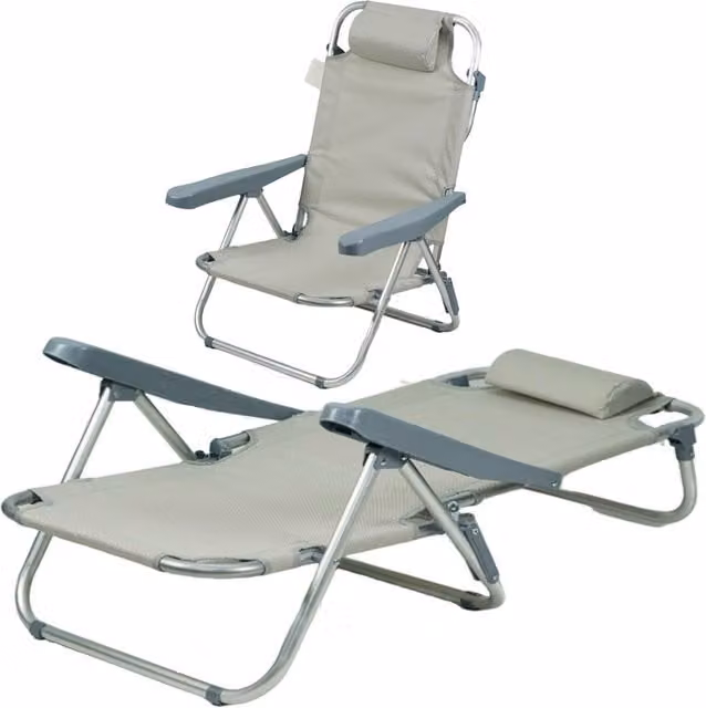 Gr8 Garden Adjustable Folding Beach Chair Lounger in Grey with Armrests and Adjustable Headrest