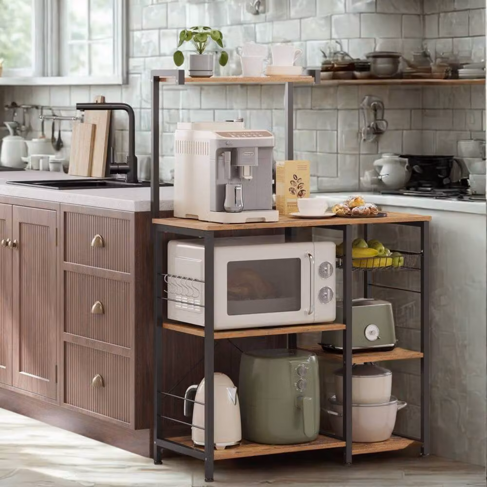 Pirlo Plush Industrial 4 Tier Kitchen Bakers Rack with Storage Shelves in Brown – 2