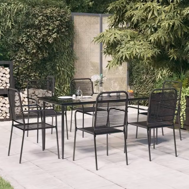 Berkfield Home 7 Piece Modern Garden Dining Set in Black Cotton Rope and Steel