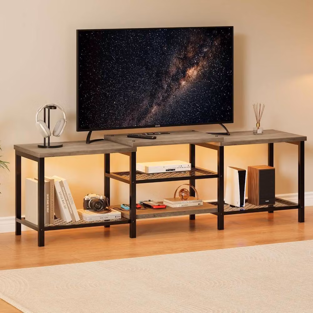 London Boutique Modern Grey and Brown Wood TV Stand with Integrated Lighting and Media Compartments for TVs Up to 75" – 2
