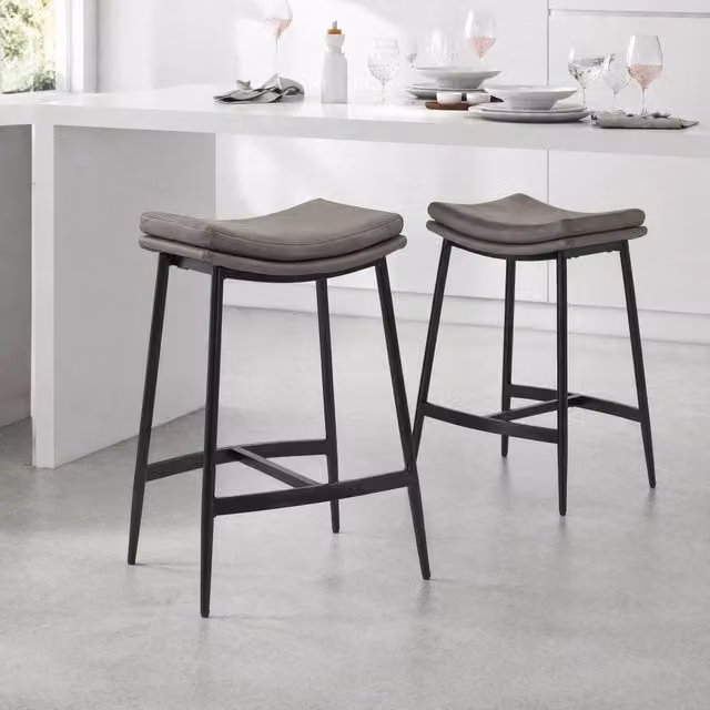 STILVORA Set of 2 Industrial Bar Stools with Grey Fabric and Matt Steel Frame – 1